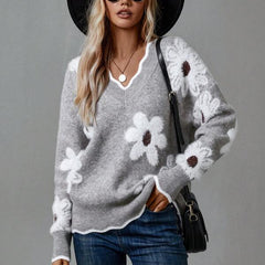 Women's Soft Floral Applique Sweater | Relaxed V-Neck Design with Balloon Sleeves 2