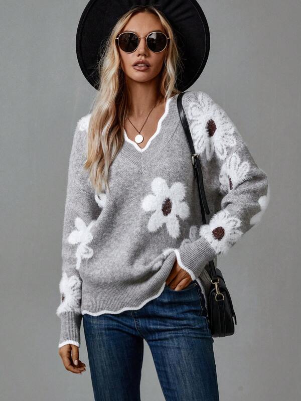 Women's Soft Floral Applique Sweater | Relaxed V-Neck Design with Balloon Sleeves 2