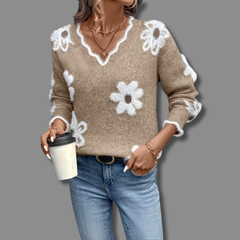 Women's Soft Floral Applique Sweater | Relaxed V-Neck Design with Balloon Sleeves 3