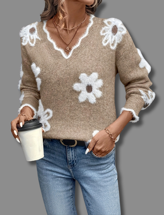Women's Soft Floral Applique Sweater | Relaxed V-Neck Design with Balloon Sleeves 3