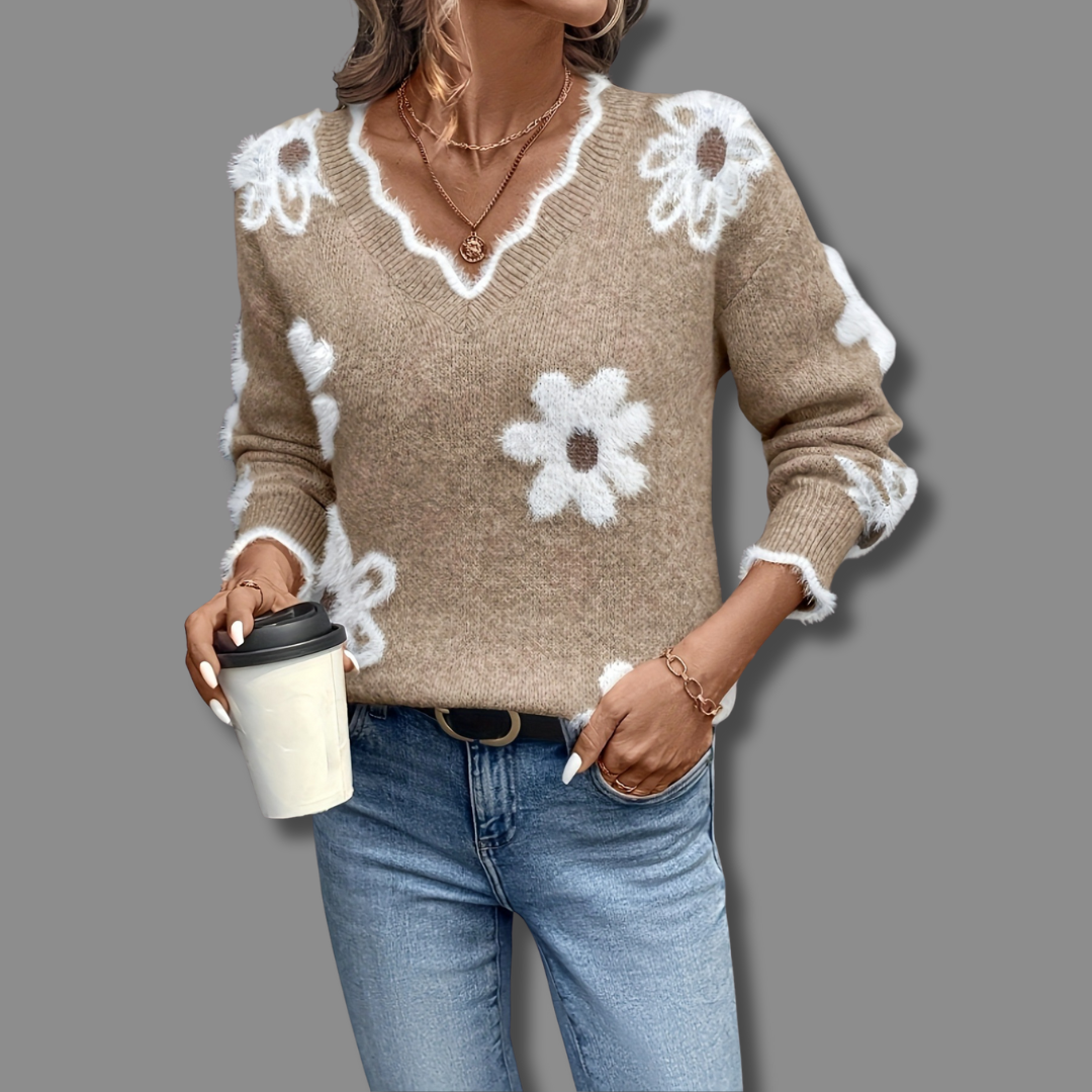 Women's Soft Floral Applique Sweater | Relaxed V-Neck Design with Balloon Sleeves 3