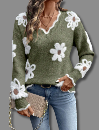 Women's Soft Floral Applique Sweater | Relaxed V-Neck Design with Balloon Sleeves 4