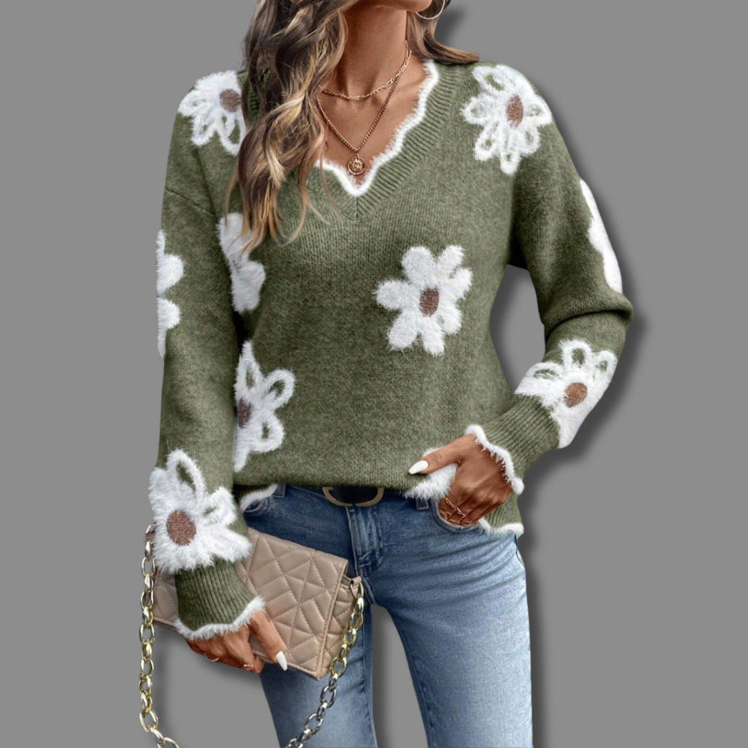 Women's Soft Floral Applique Sweater | Relaxed V-Neck Design with Balloon Sleeves 4