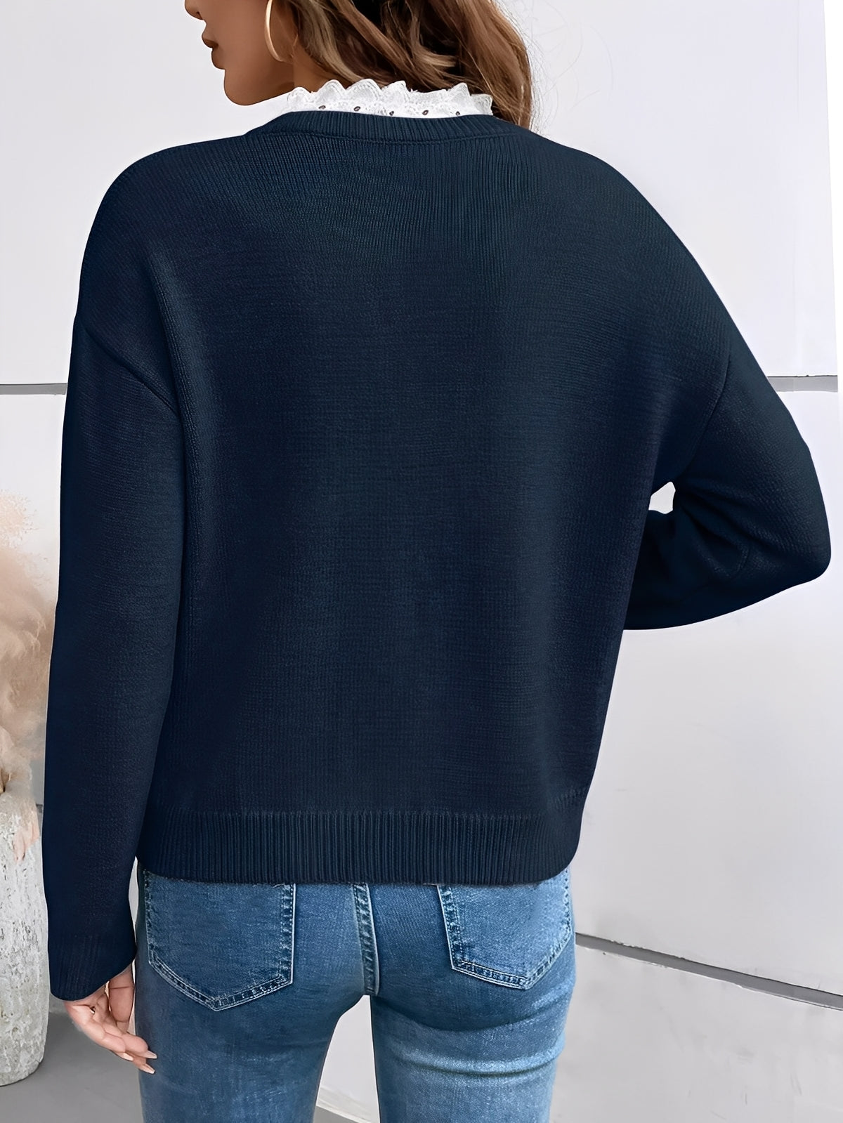 Women's Soft Knit Sweater with Lace Trim | Elegant V-Neck Design for Casual and Professional Wear 2