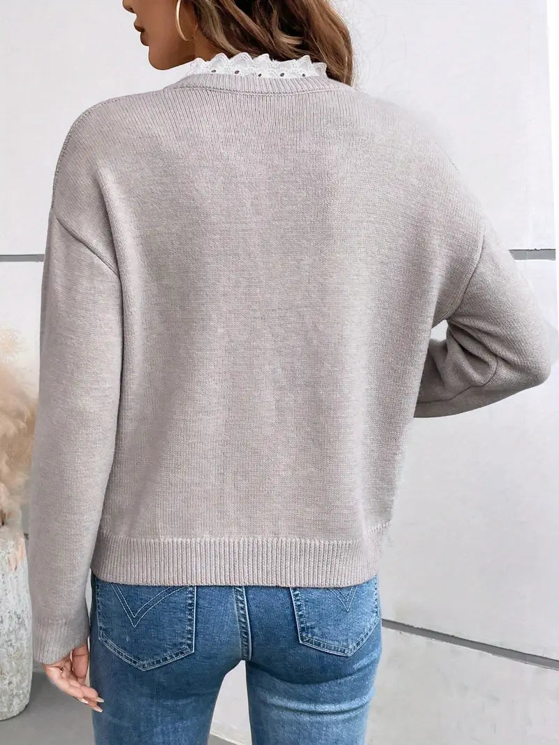 Women's Soft Knit Sweater with Lace Trim | Elegant V-Neck Design for Casual and Professional Wear 4