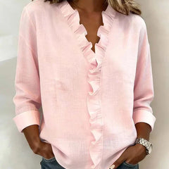 Women's Soft Linen Blouse | Elegant Ruffle Trim Long Sleeve Summer Top 0