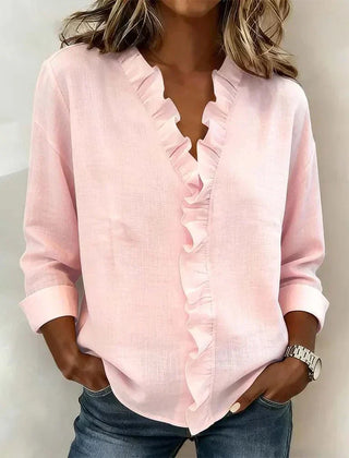Women's Soft Linen Blouse | Elegant Ruffle Trim Long Sleeve Summer Top 0