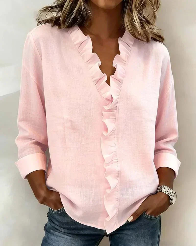 Women's Soft Linen Blouse | Elegant Ruffle Trim Long Sleeve Summer Top 0