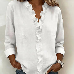 Women's Soft Linen Blouse | Elegant Ruffle Trim Long Sleeve Summer Top 1