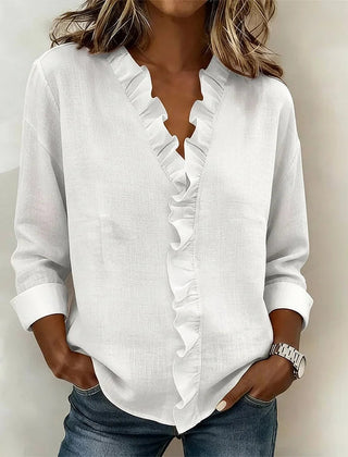 Women's Soft Linen Blouse | Elegant Ruffle Trim Long Sleeve Summer Top 1