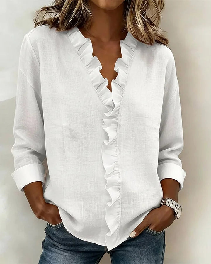 Women's Soft Linen Blouse | Elegant Ruffle Trim Long Sleeve Summer Top 1