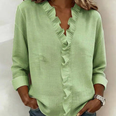 Women's Soft Linen Blouse | Elegant Ruffle Trim Long Sleeve Summer Top 2