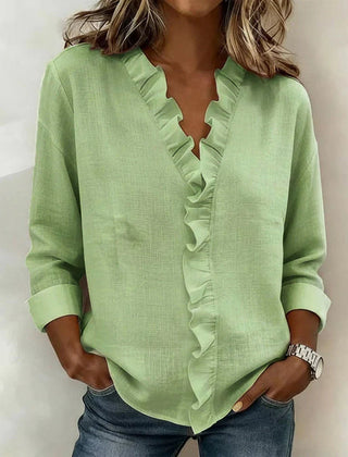 Women's Soft Linen Blouse | Elegant Ruffle Trim Long Sleeve Summer Top 2