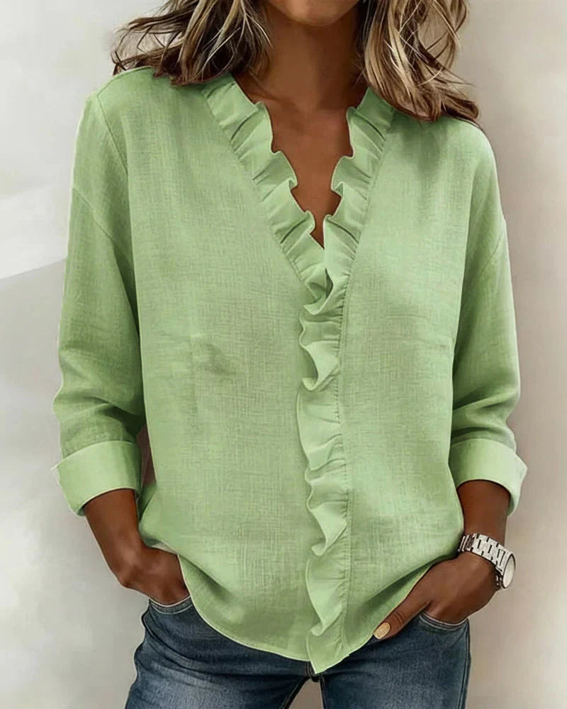 Women's Soft Linen Blouse | Elegant Ruffle Trim Long Sleeve Summer Top 2