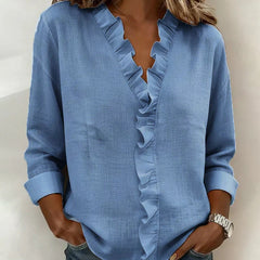 Women's Soft Linen Blouse | Elegant Ruffle Trim Long Sleeve Summer Top 3