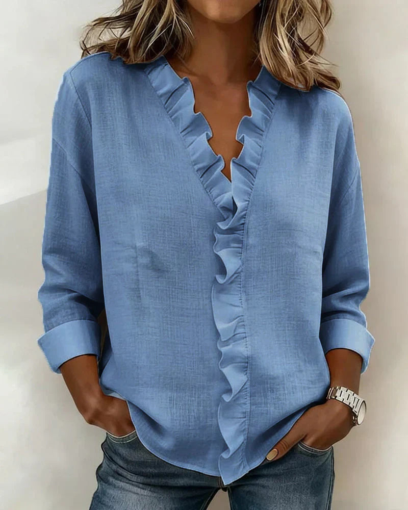 Women's Soft Linen Blouse | Elegant Ruffle Trim Long Sleeve Summer Top 3