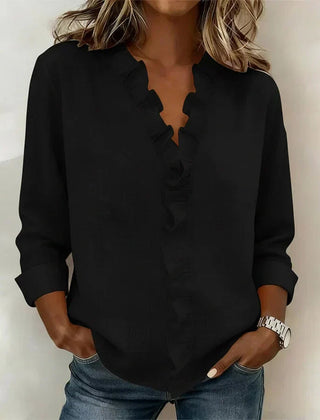 Women's Soft Linen Blouse | Elegant Ruffle Trim Long Sleeve Summer Top 4