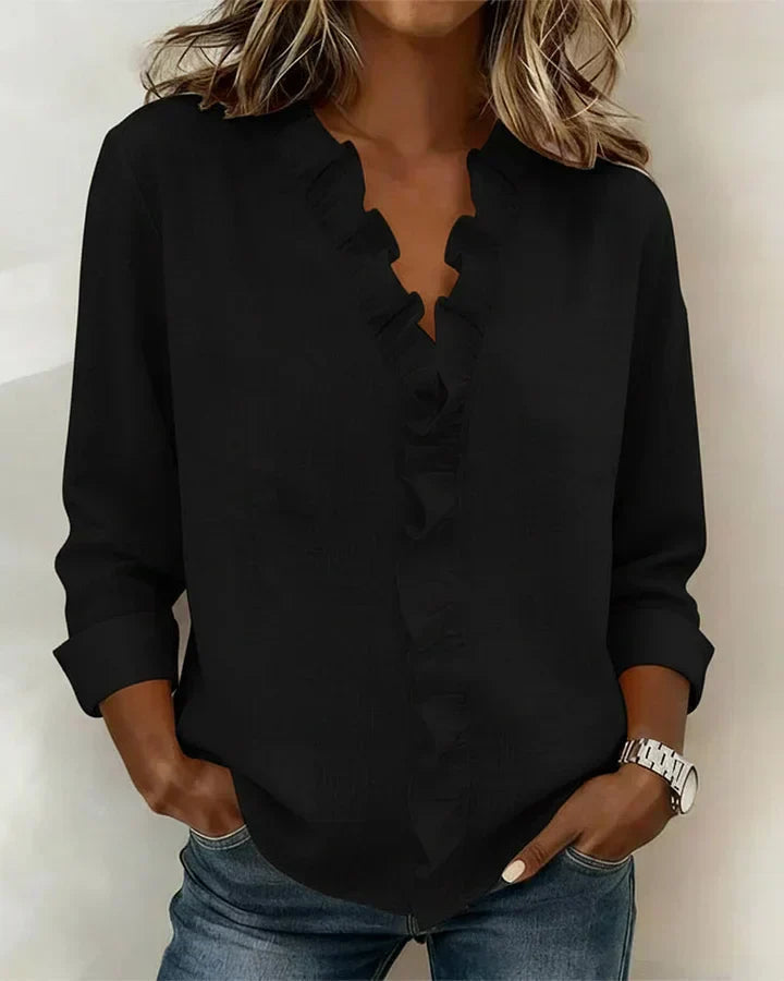 Women's Soft Linen Blouse | Elegant Ruffle Trim Long Sleeve Summer Top 4