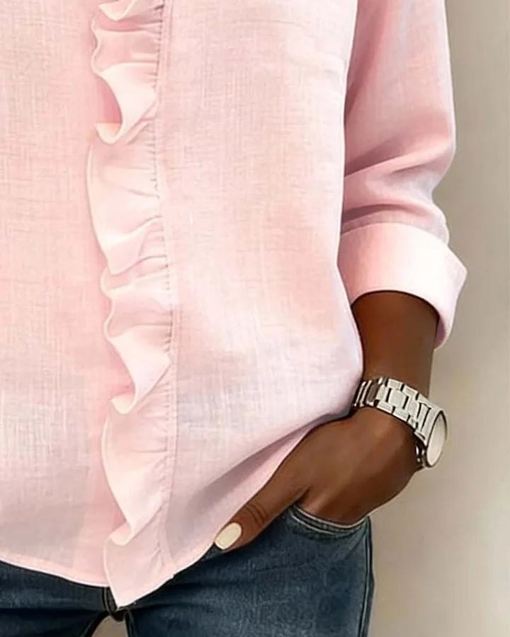 Women's Soft Linen Blouse | Elegant Ruffle Trim Long Sleeve Summer Top 5