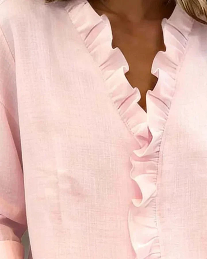 Women's Soft Linen Blouse | Elegant Ruffle Trim Long Sleeve Summer Top 6