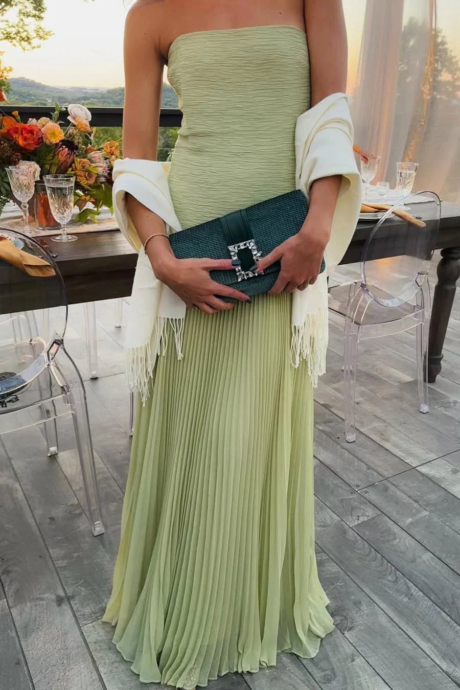 Women's Soft Pleated Maxi Dress | Elegant Long Green Formal Gown 0