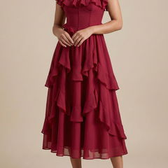 Women's Soft Ruffle Midi Dress | Elegant Flutter Sleeve Summer Cocktail Dress 0