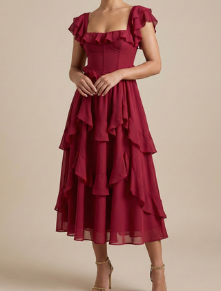 Women's Soft Ruffle Midi Dress | Elegant Flutter Sleeve Summer Cocktail Dress 0