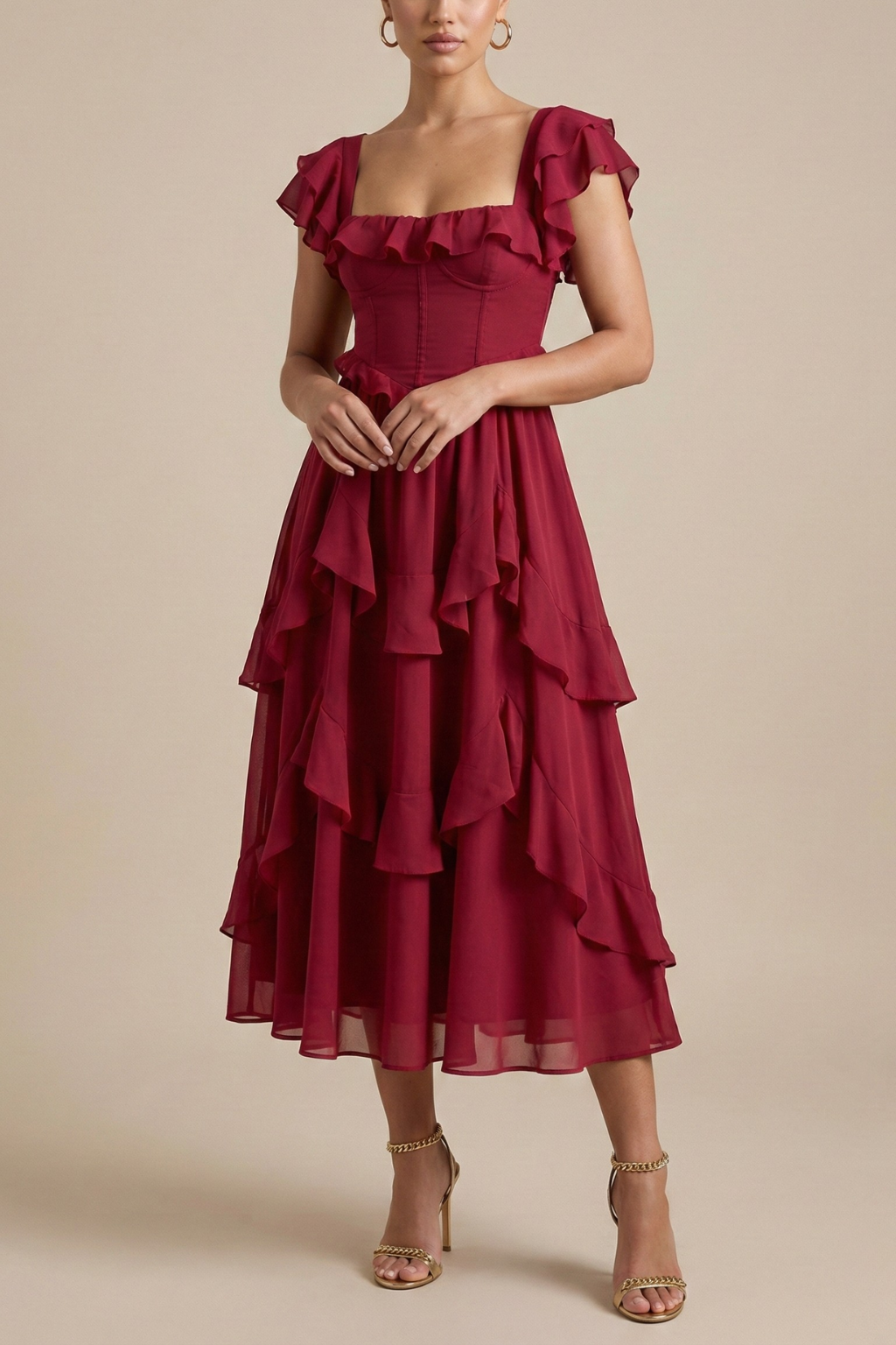 Women's Soft Ruffle Midi Dress | Elegant Flutter Sleeve Summer Cocktail Dress 0