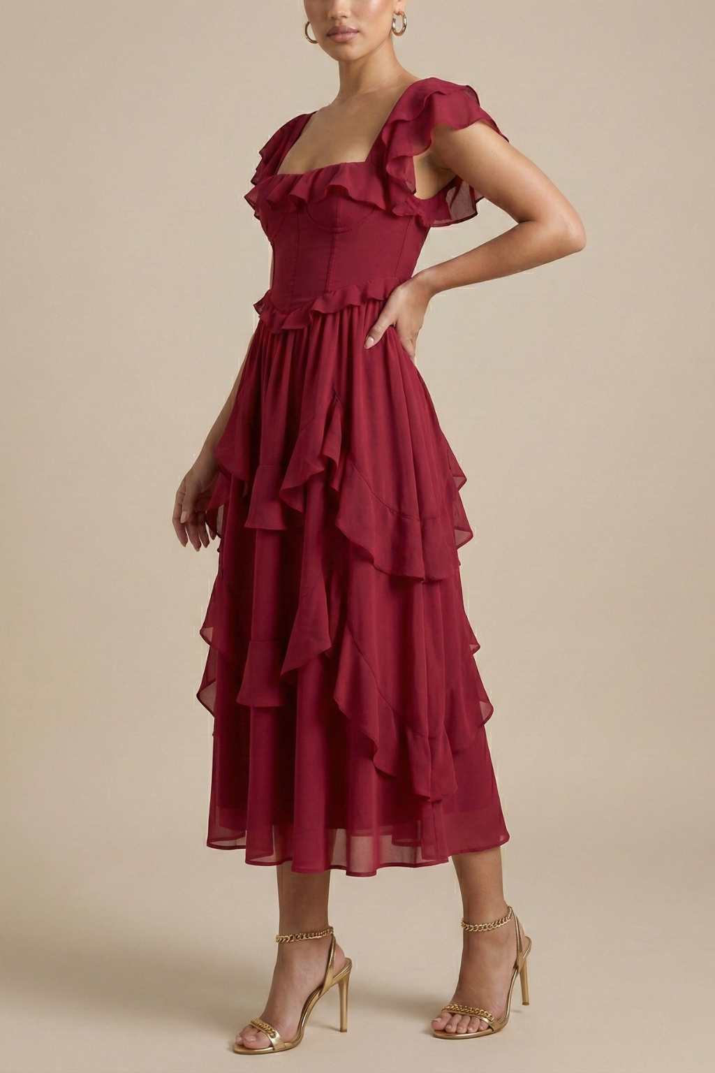 Women's Soft Ruffle Midi Dress | Elegant Flutter Sleeve Summer Cocktail Dress 1