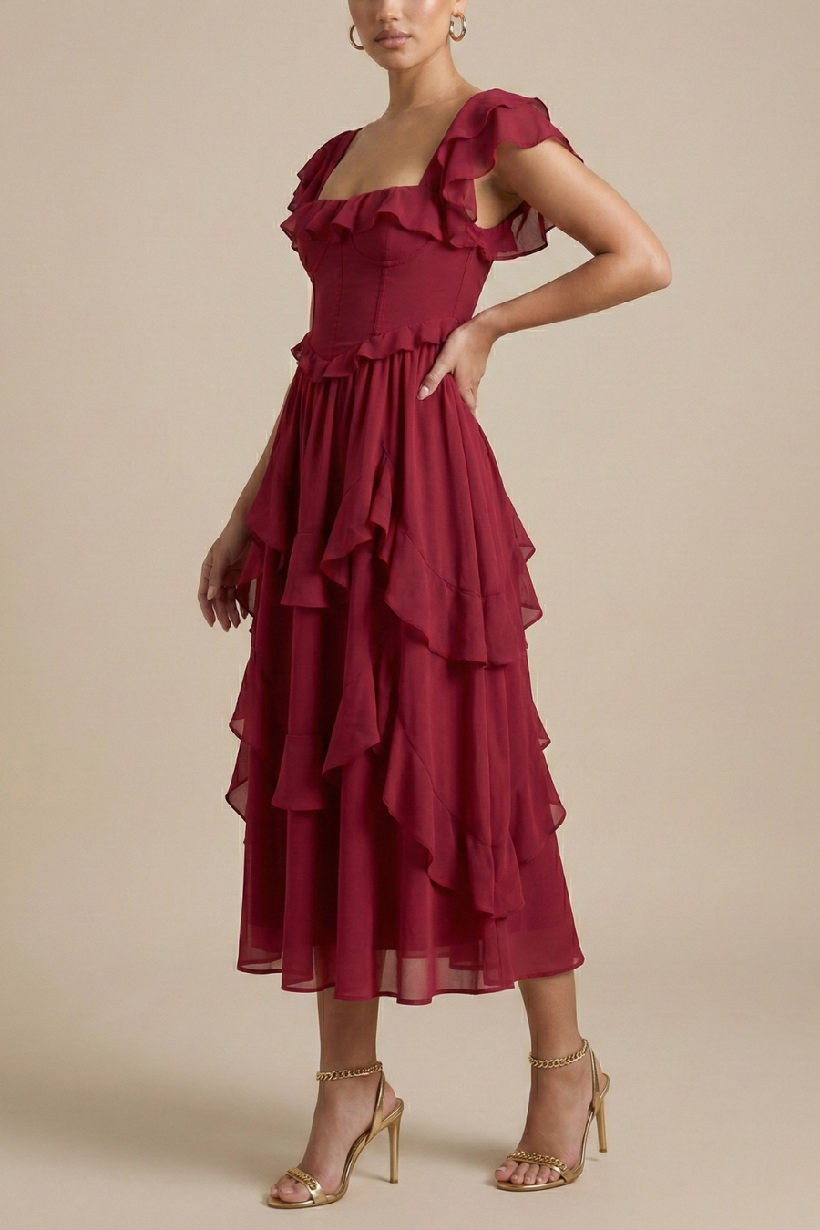 Women's Soft Ruffle Midi Dress | Elegant Flutter Sleeve Summer Cocktail Dress 1