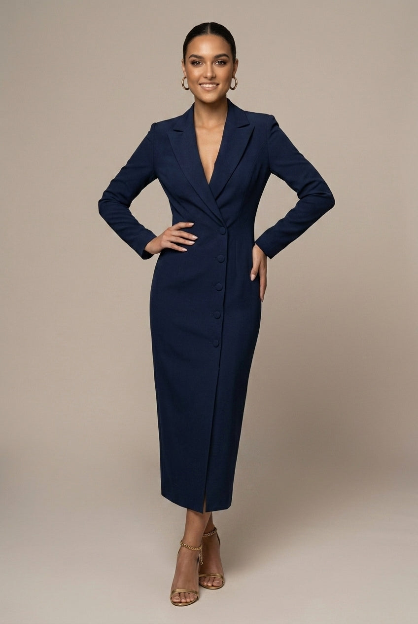Women's Tailored Blazer Dress | Elegant Midi Formal Dress with Notch Lapel 5