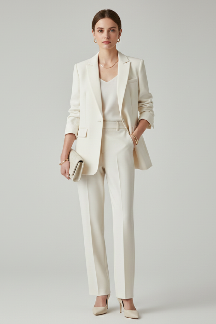 Women's Textured Blazer And Pants Set | Elegant Fitted Jacket With Straight Leg Trousers 0