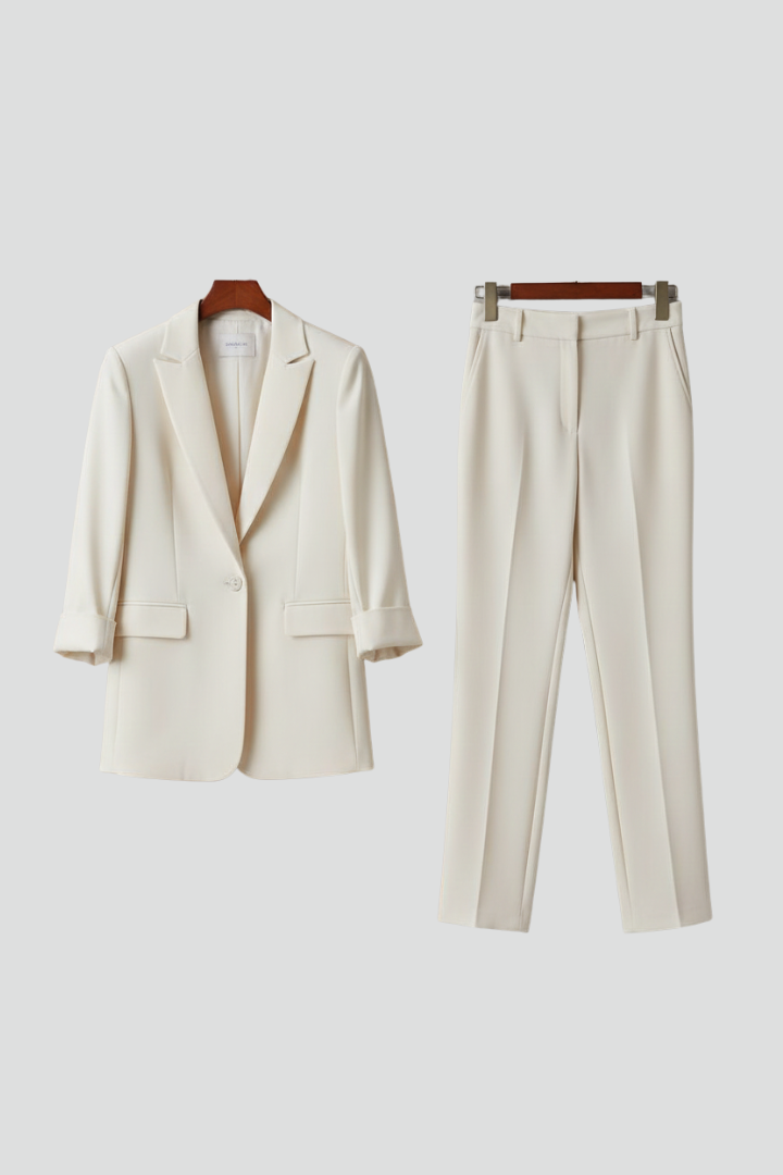 Women's Textured Blazer And Pants Set | Elegant Fitted Jacket With Straight Leg Trousers 1