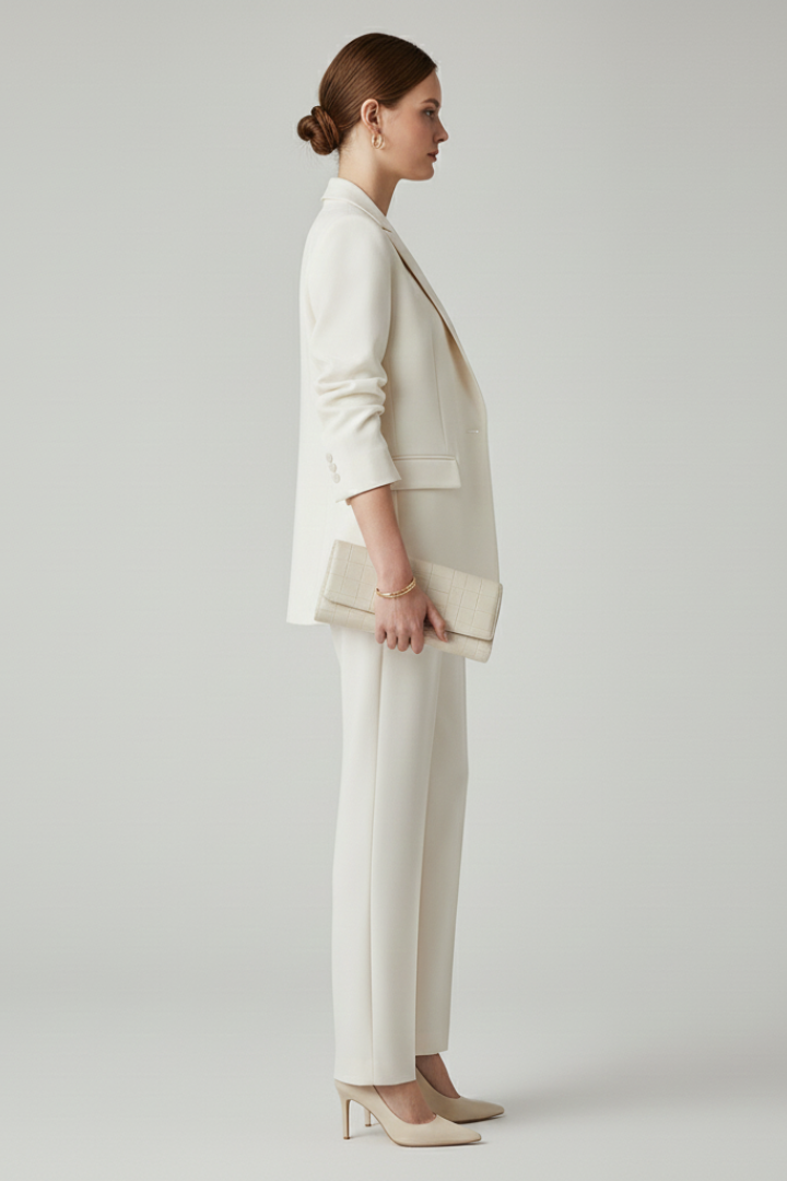 Women's Textured Blazer And Pants Set | Elegant Fitted Jacket With Straight Leg Trousers 2
