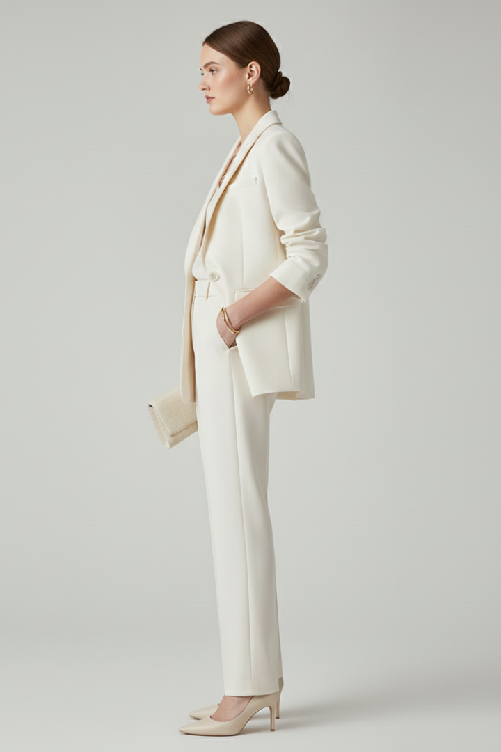 Women's Textured Blazer And Pants Set | Elegant Fitted Jacket With Straight Leg Trousers 3