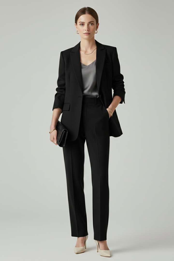 Women's Textured Blazer And Pants Set | Elegant Fitted Jacket With Straight Leg Trousers 5