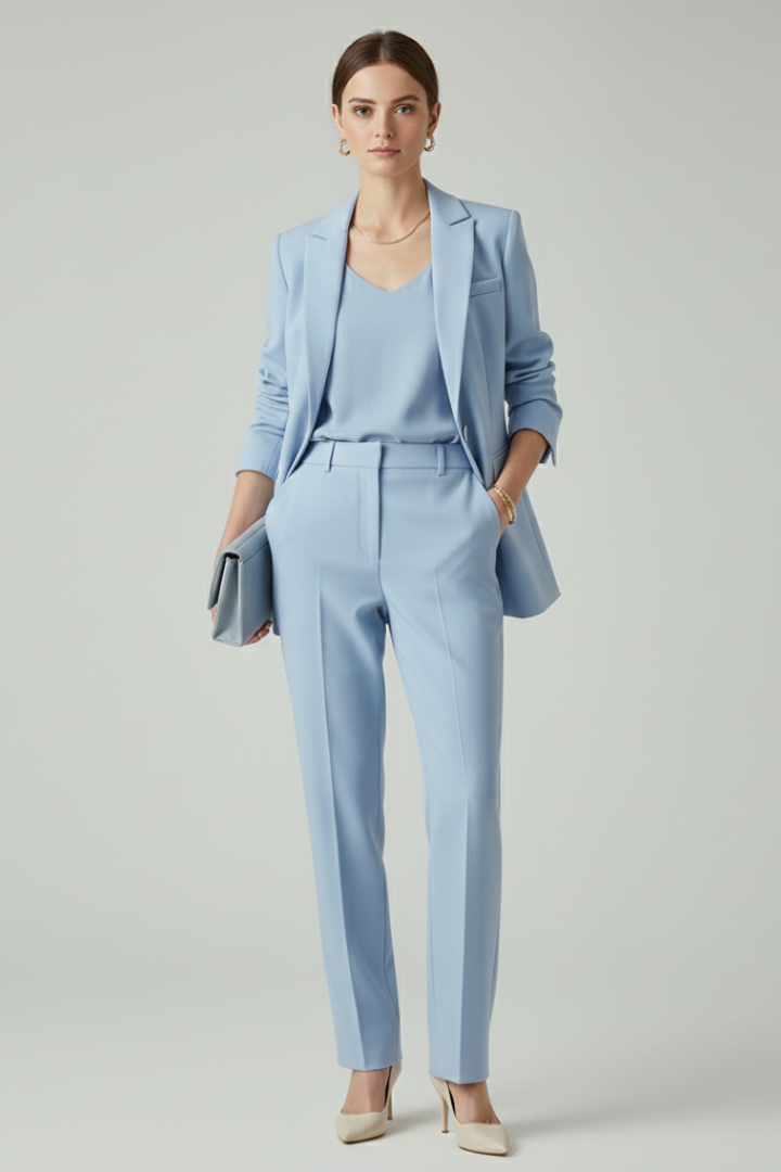 Women's Textured Blazer And Pants Set | Elegant Fitted Jacket With Straight Leg Trousers 7