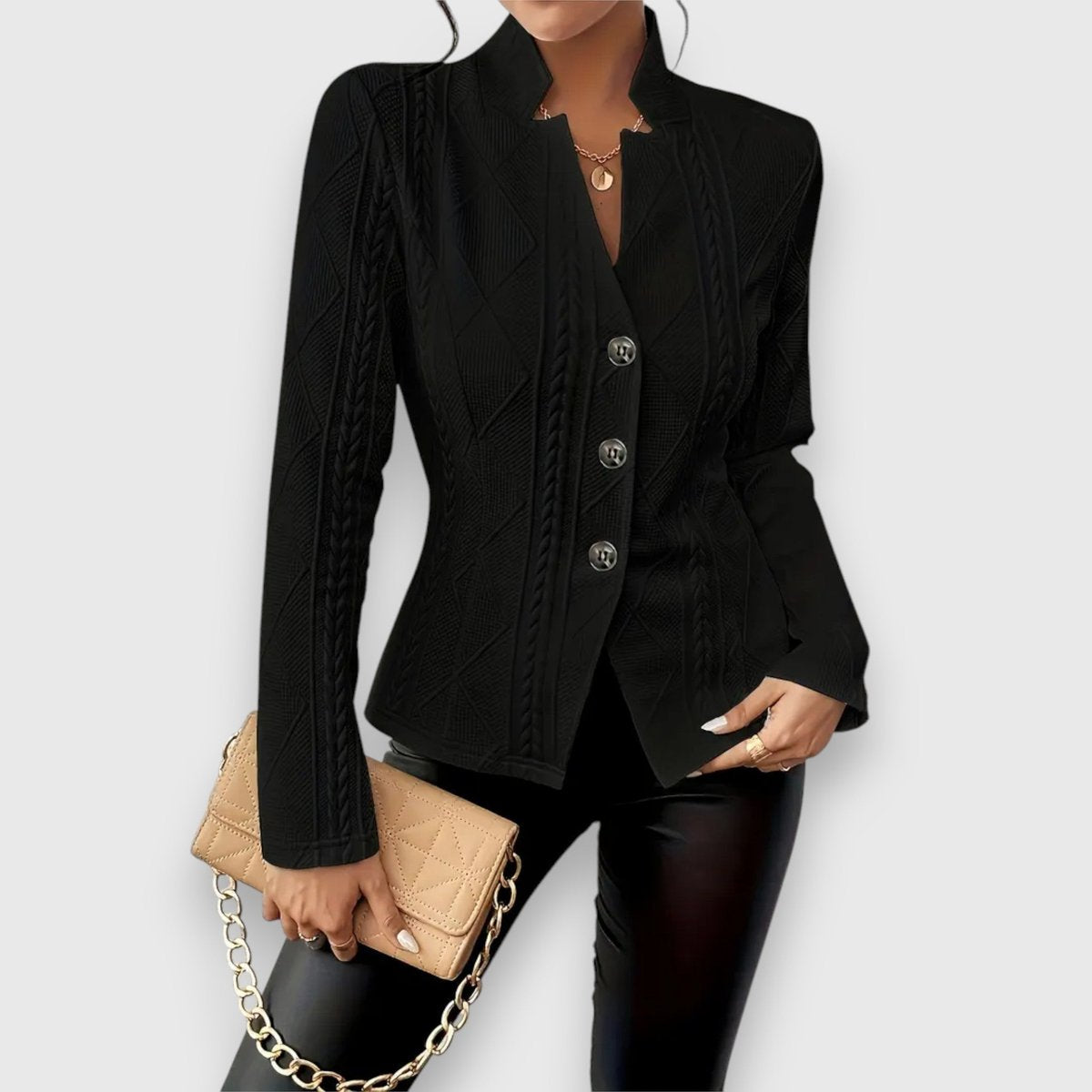 Women's Textured Cable-Knit Jumper | Elegant Mock-Neck Long Sleeve Sweater 12