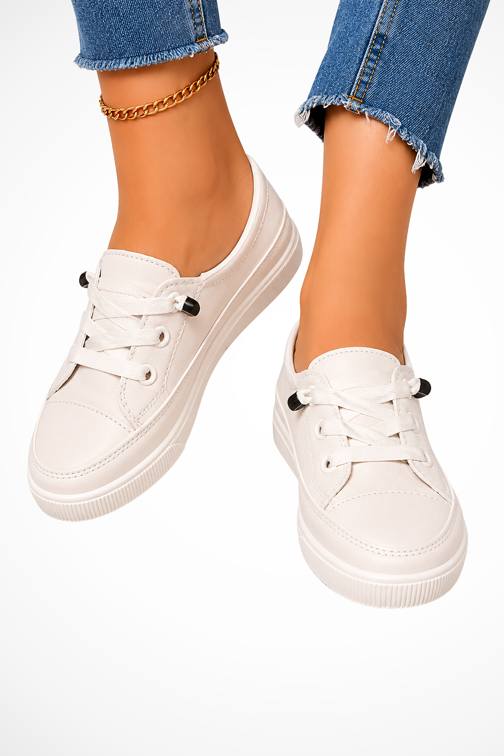 Women's Textured Canvas Sneakers | Stylish Lace-Up White Trainers 2