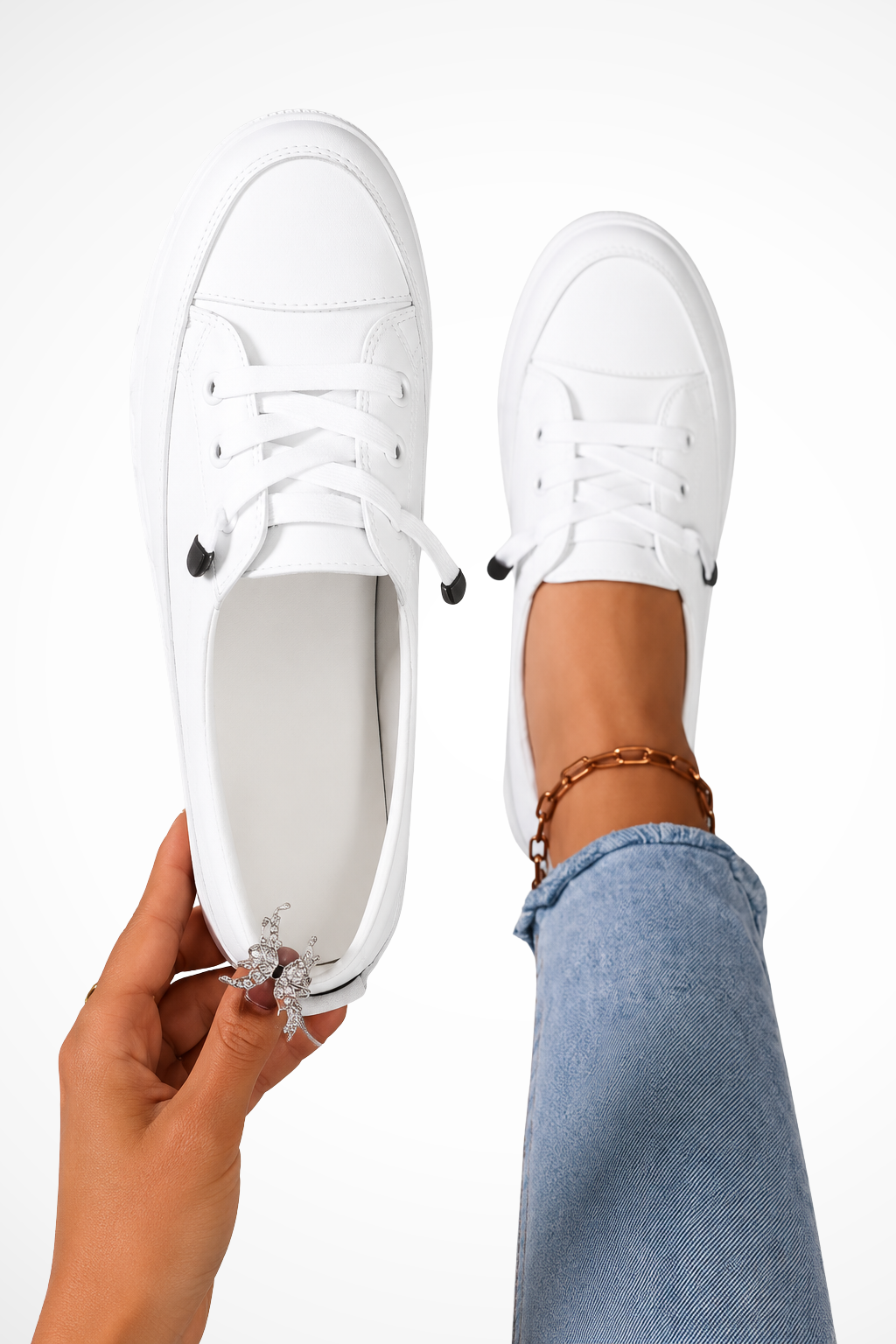 Women's Textured Canvas Sneakers | Stylish Lace-Up White Trainers 3