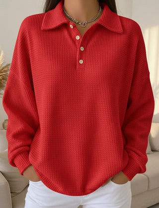 Women's Textured Waffle Knit Oversized Sweater | Relaxed Fit Collared Henley Top 0