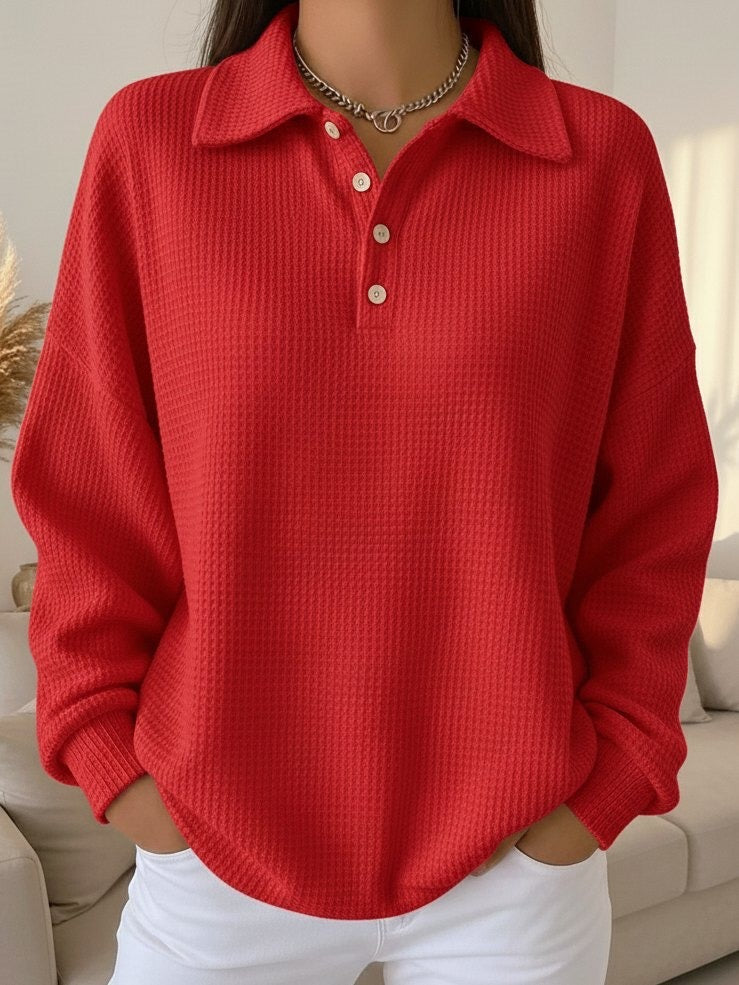 Women's Textured Waffle Knit Oversized Sweater | Relaxed Fit Collared Henley Top 0