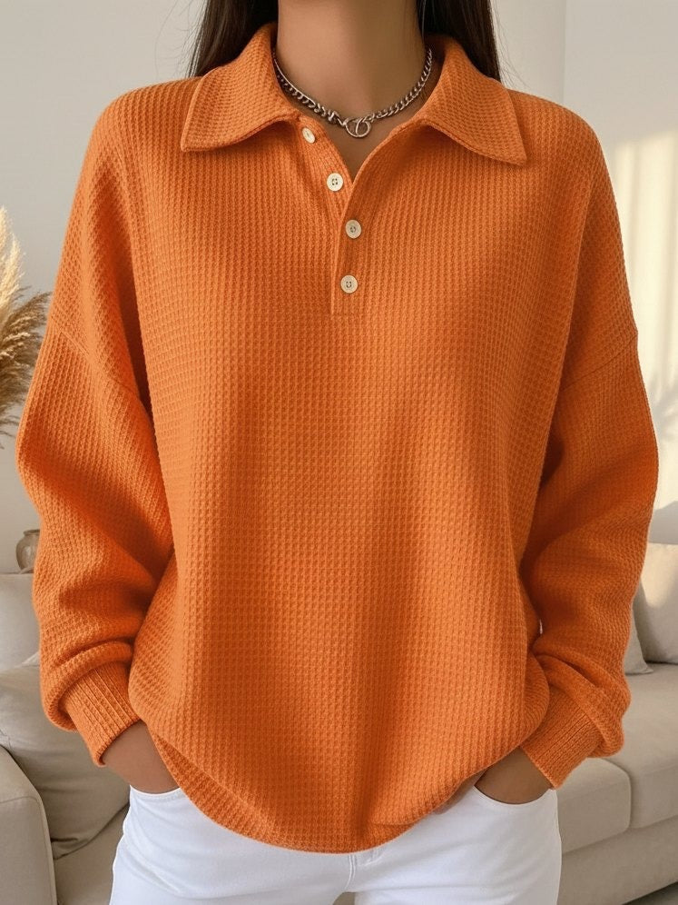 Women's Textured Waffle Knit Oversized Sweater | Relaxed Fit Collared Henley Top 1