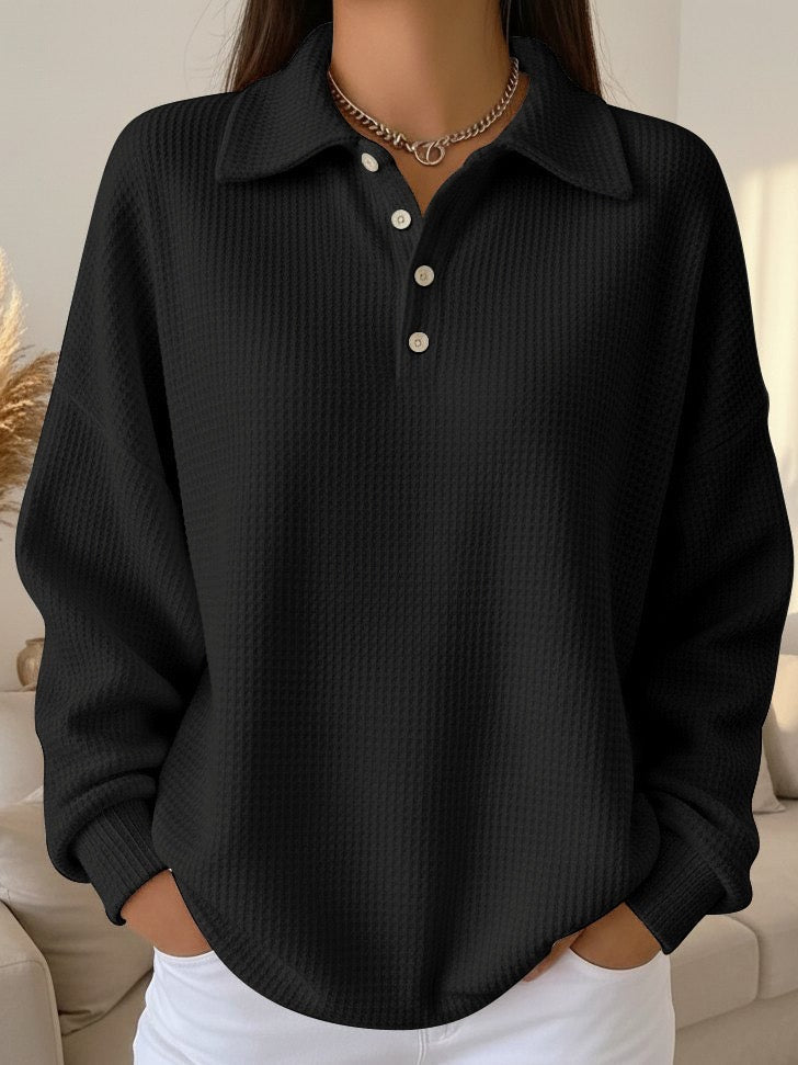 Women's Textured Waffle Knit Oversized Sweater | Relaxed Fit Collared Henley Top 2