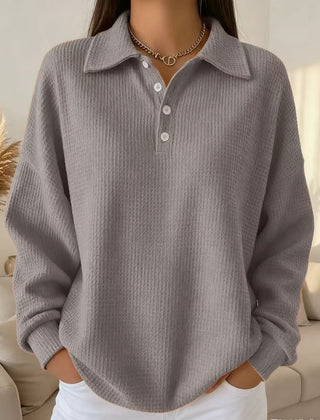 Women's Textured Waffle Knit Oversized Sweater | Relaxed Fit Collared Henley Top 4