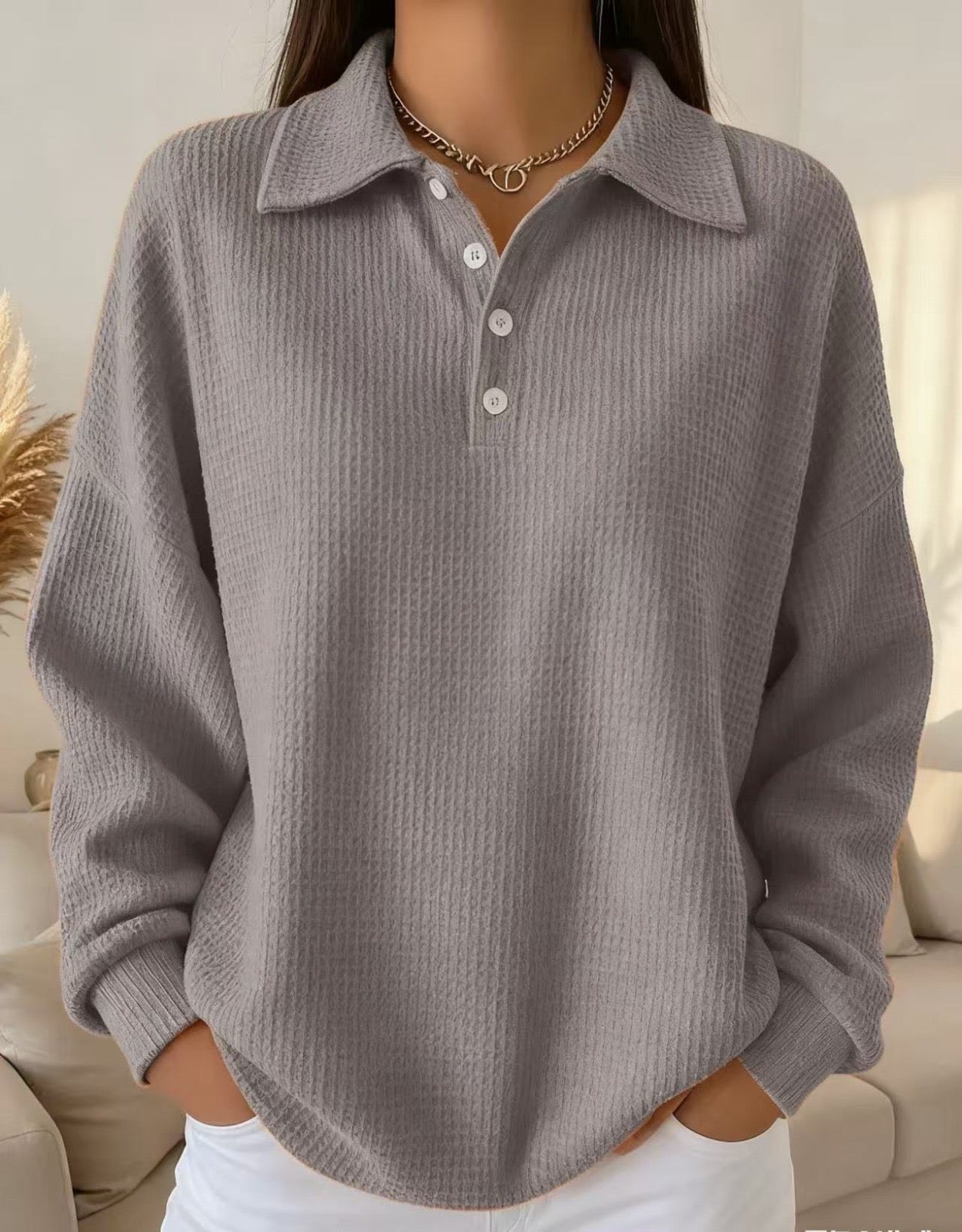 Women's Textured Waffle Knit Oversized Sweater | Relaxed Fit Collared Henley Top 4