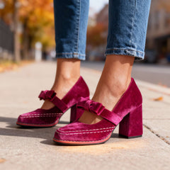 Women's Velvet Mary Jane Pumps | Elegant Block Heel Bow Shoes 0