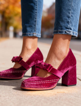 Women's Velvet Mary Jane Pumps | Elegant Block Heel Bow Shoes 0