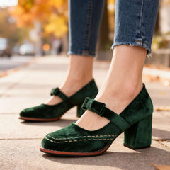 Women's Velvet Mary Jane Pumps | Elegant Block Heel Bow Shoes 1