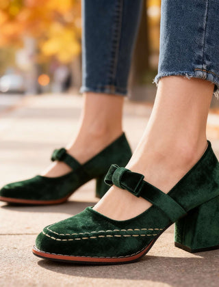 Women's Velvet Mary Jane Pumps | Elegant Block Heel Bow Shoes 1